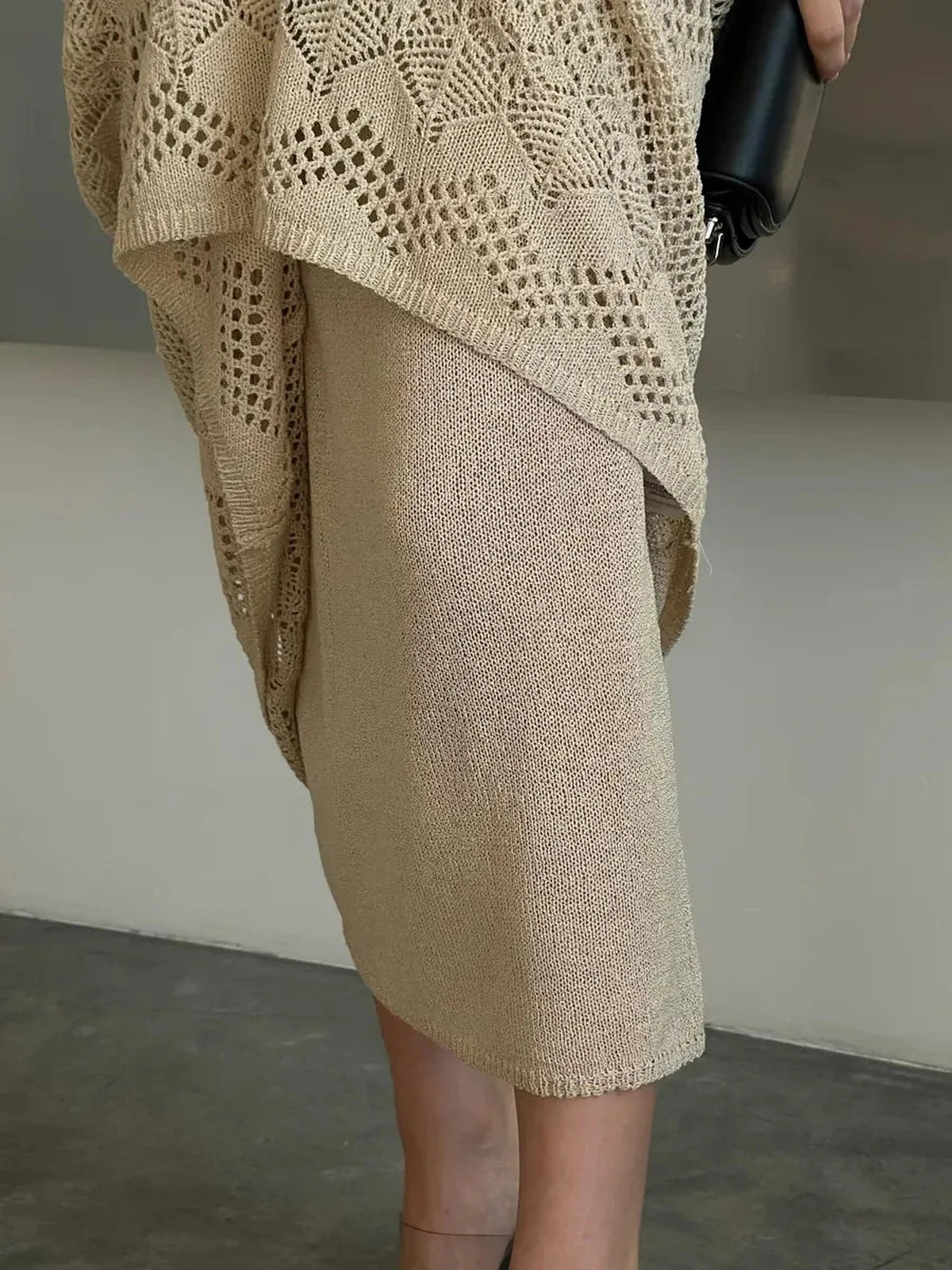 Elegant beige crochet knit detail of the Verona Maxi Dress by Lauven, showcasing vintage charm and sophisticated summer style.