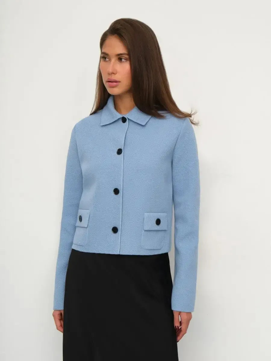 Lazio Jacket by Lauven, cropped light blue women's jacket with button closure, perfect for transitional seasons.