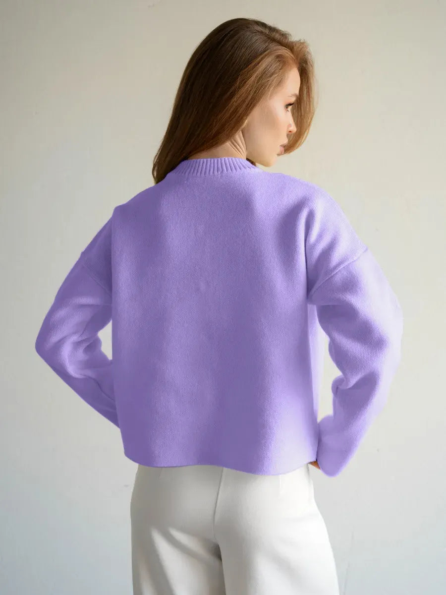 Lavina Cardigan by Lauven, cropped lilac knitwear essential with a stylish back view, perfect for layering.