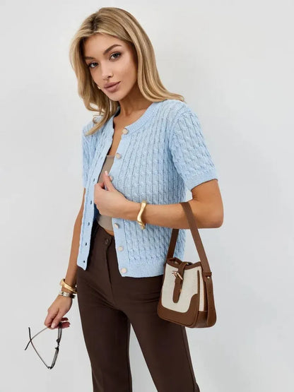 Celeste Cardigan by Lauven, stylish lightweight knitwear in blue, perfect for spring and summer outfits.
