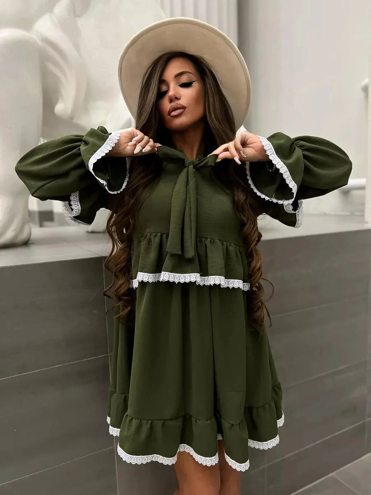 Olivea Mini Dress by Lauven featuring romantic ruffles and lace trim in khaki, perfect for a chic look.