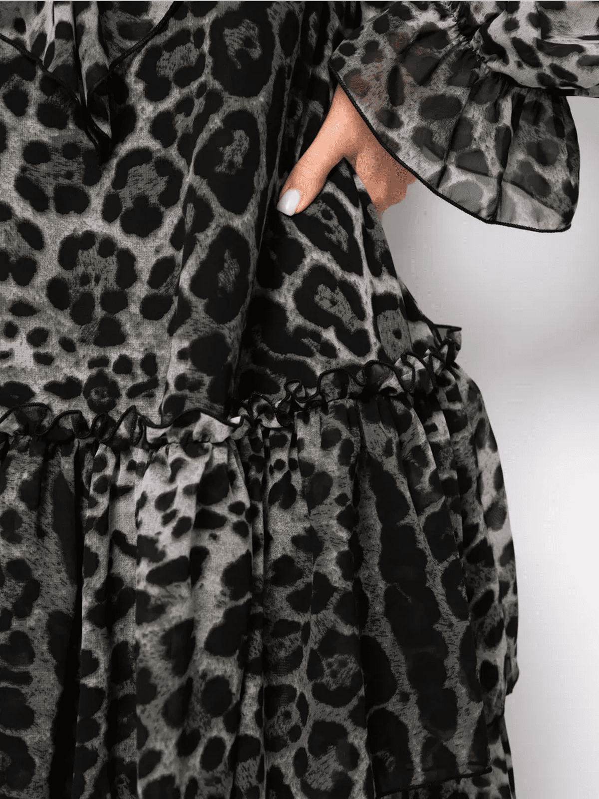 Lunara Mini Dress by Lauven showcases a metallic gray leopard chiffon design with elegant details.