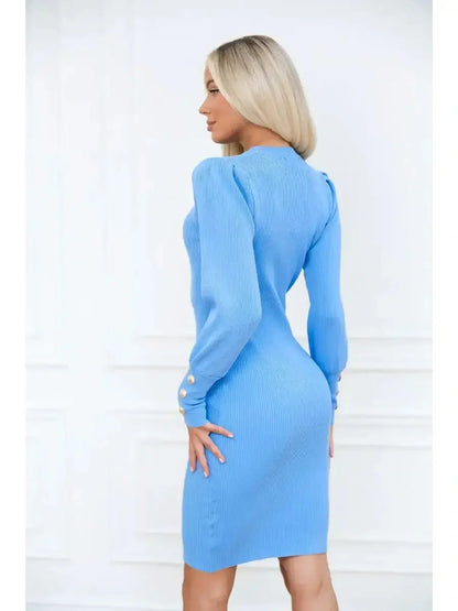 Back view of a fitted azure blue mini dress with long sleeves and gold-tone buttons, showcasing elegant curves.