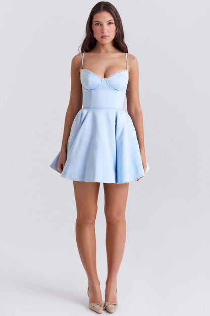Light blue Inez Mini Dress with a fluffy skirt, perfect for summer weddings, parties, and special occasions for women.