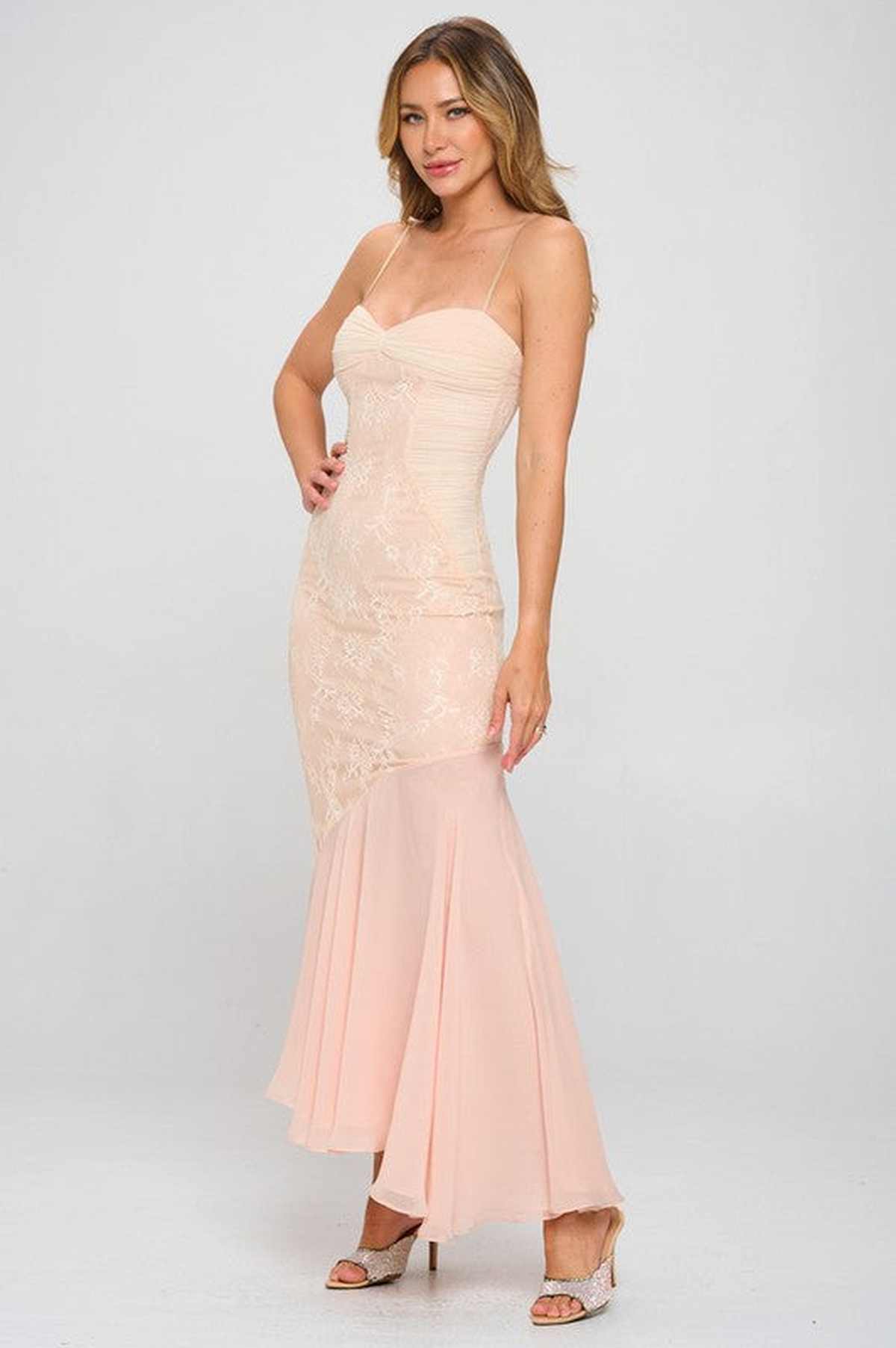 Iris Women's dress in peach, elegant asymmetrical gown with lace overlay, perfect for weddings, proms, and formal occasions.
