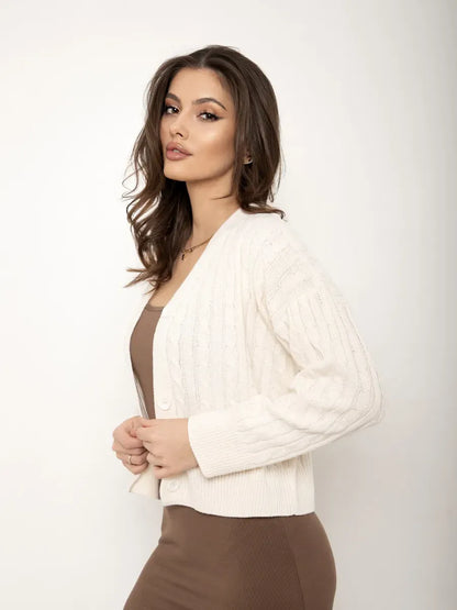 Isola Cardigan by Lauven, cropped cream knit cardigan with button closure, perfect for modern elegance and spring style.
