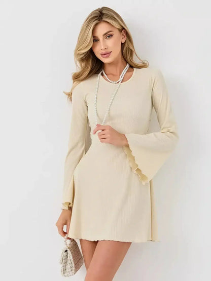 Ivory Flare dress from Lauven featuring long sleeves, bell sleeves, and sculpting mini dress design.