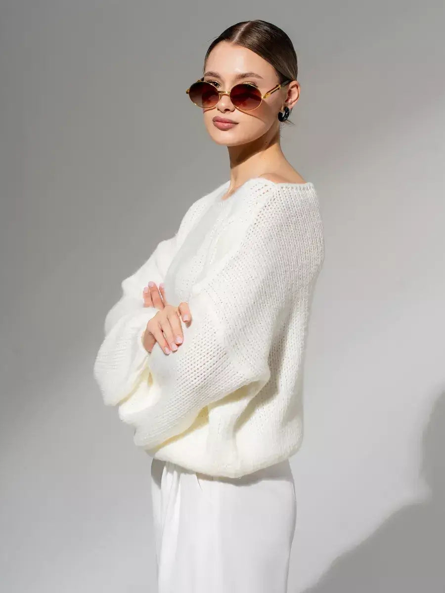 Ivory Sweater by Lauven, oversized off-shoulder knit in white, showcasing comfort and elegant style.