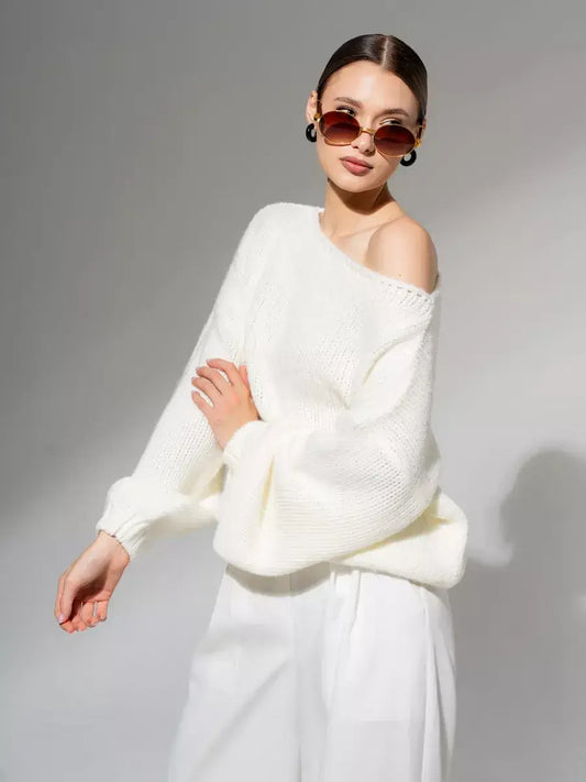 Ivory Sweater - Oversized off-shoulder knit by Lauven, perfect for layering in a crisp white shade.