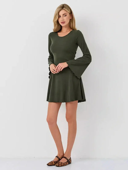 Ivy Bell mini dress by Lauven featuring flared bell sleeves and an A-line silhouette in olive green.