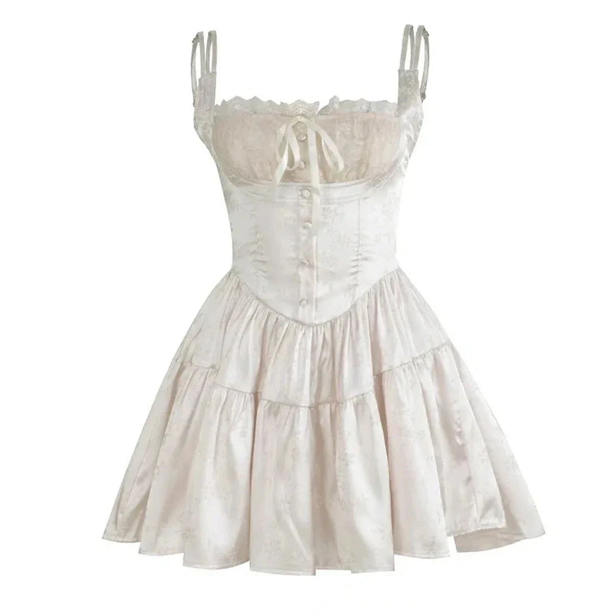 Ivy Mini Dress featuring exquisite lace details and a vintage romantic style, perfect for summer, weddings, and formal occasions.