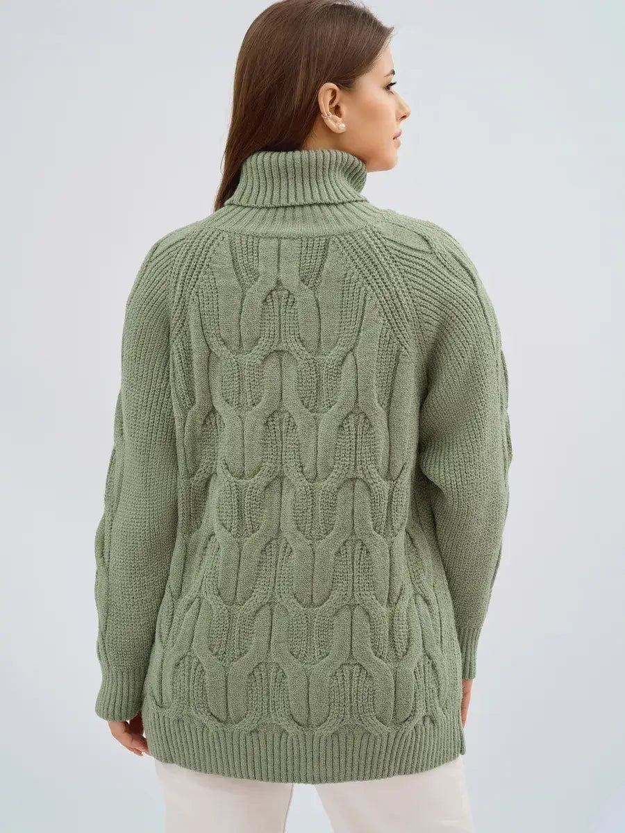 Ivy Sweater by Lauven - Oversized cable knit with high neck, showcasing a chic green design from the back.
