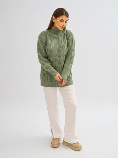 Ivy Sweater by Lauven — Oversized cable knit high neck design in soft green, perfect for layering in colder months.
