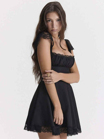 Black mini dress for women with lace detailing, perfect for cocktail parties and summer events.
