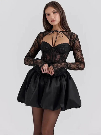 Elegant black mini dress with lace bodice and puff skirt, perfect for weddings, parties, or special occasions.