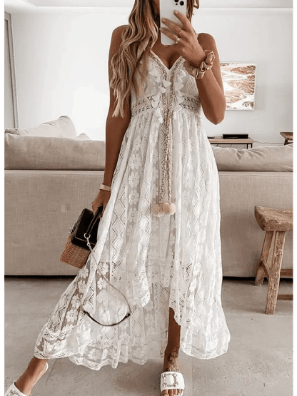 Elegant Lace Muse Maxi Dress in white, featuring intricate lace details and a flowy silhouette, ideal for warm weather.