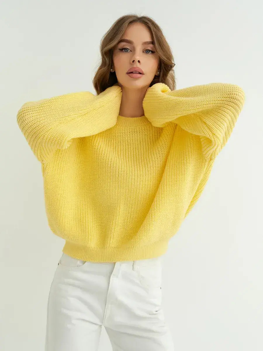 Lemonade Sweater by Lauven in oversized knit, bright yellow color, perfect for cool days and transitional seasons.