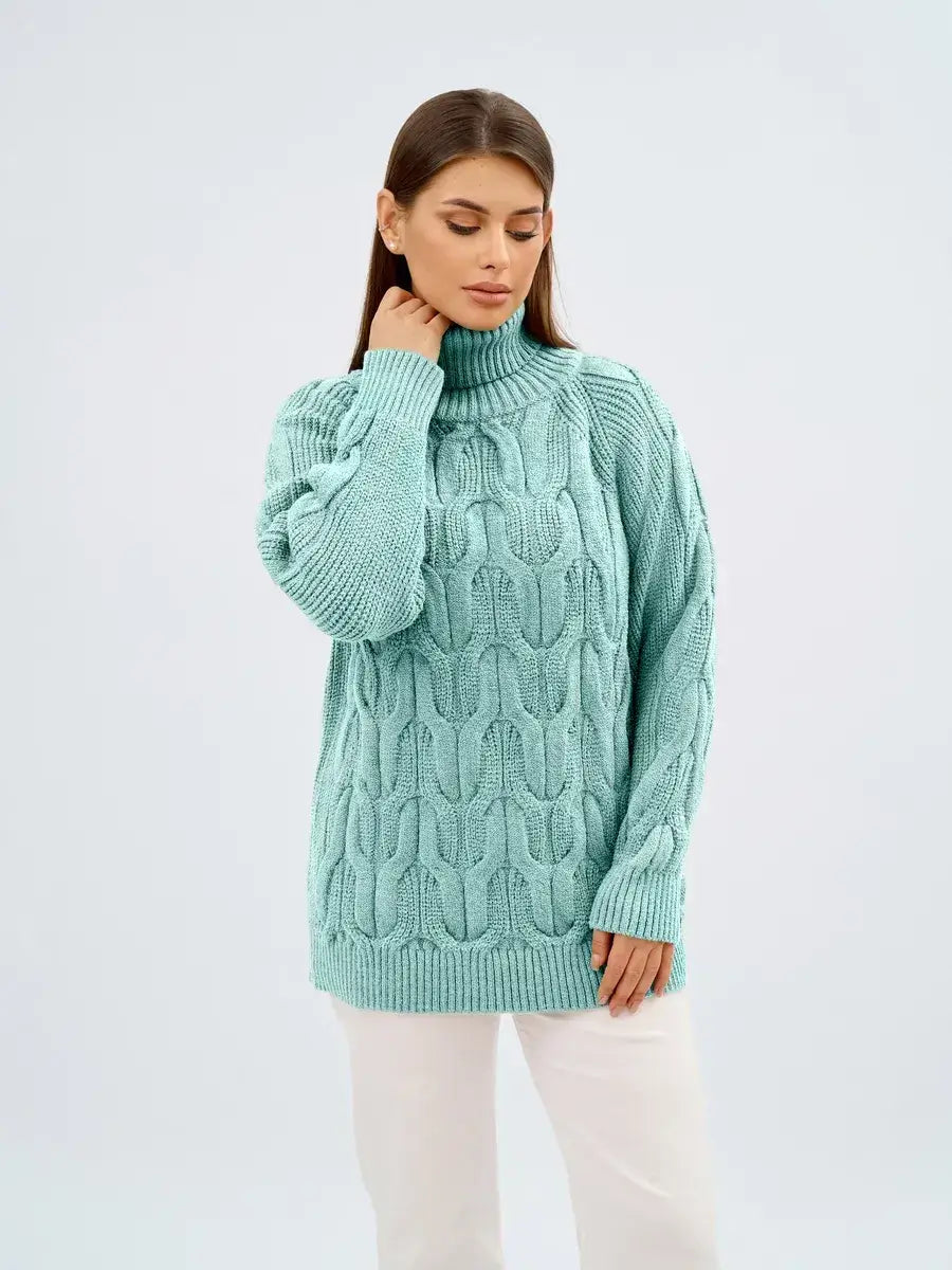 Laguna Sweater by Lauven, oversized cable knit design with high neck in soft teal, perfect for layering.