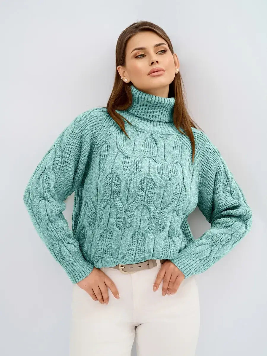 Laguna Sweater by Lauven, oversized cable knit high neck design in light blue color, perfect for cooler seasons.