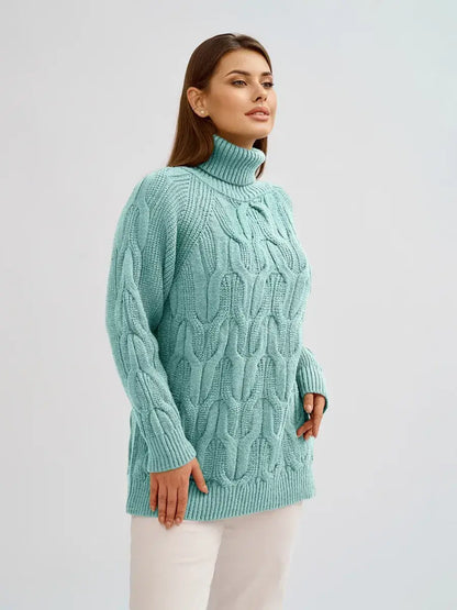 Laguna Sweater by Lauven, oversized cable knit with high neck, cozy style in soft mint green.