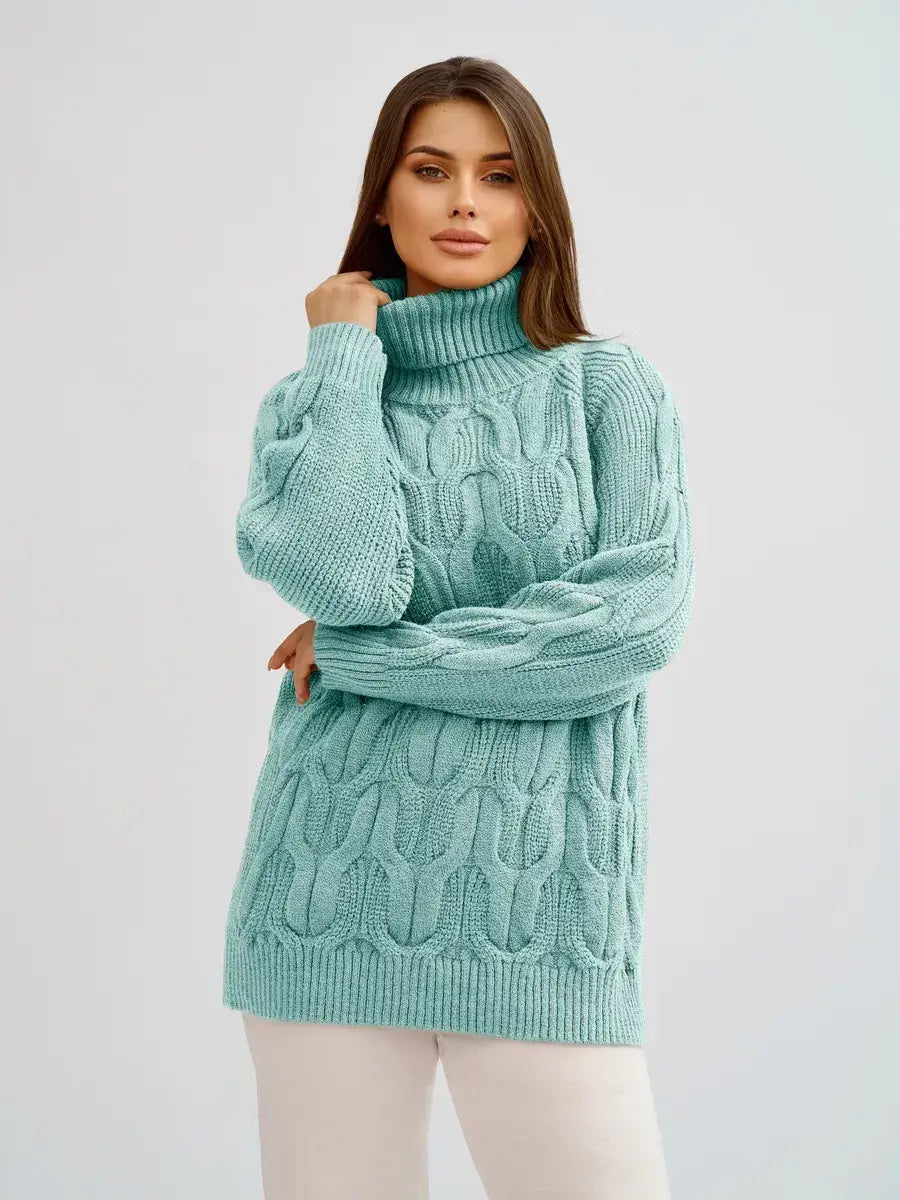 Laguna Sweater by Lauven - Oversized cable knit high neck design in mint green, perfect for colder seasons.