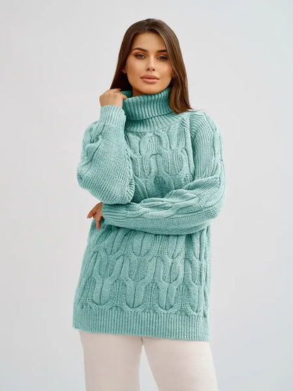 Laguna Sweater by Lauven - Oversized cable knit high neck design in mint green, perfect for colder seasons.
