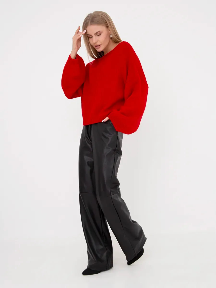 Oversized Crimson Sweater by Lauven with boat neck, styled with black wide-leg pants.