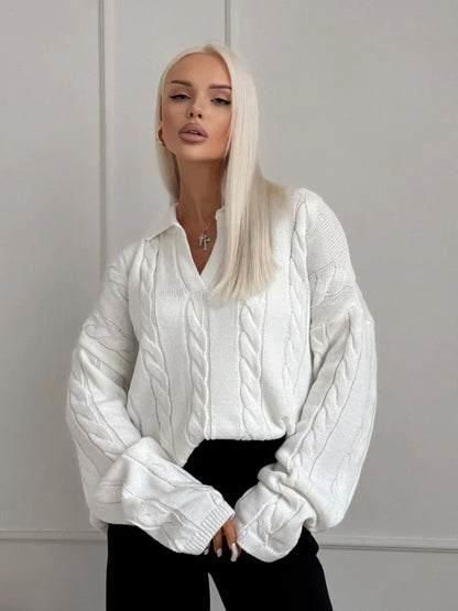 Alabaster Sweater by Lauven, oversized women’s cable knit polo sweater in milk-white shade.