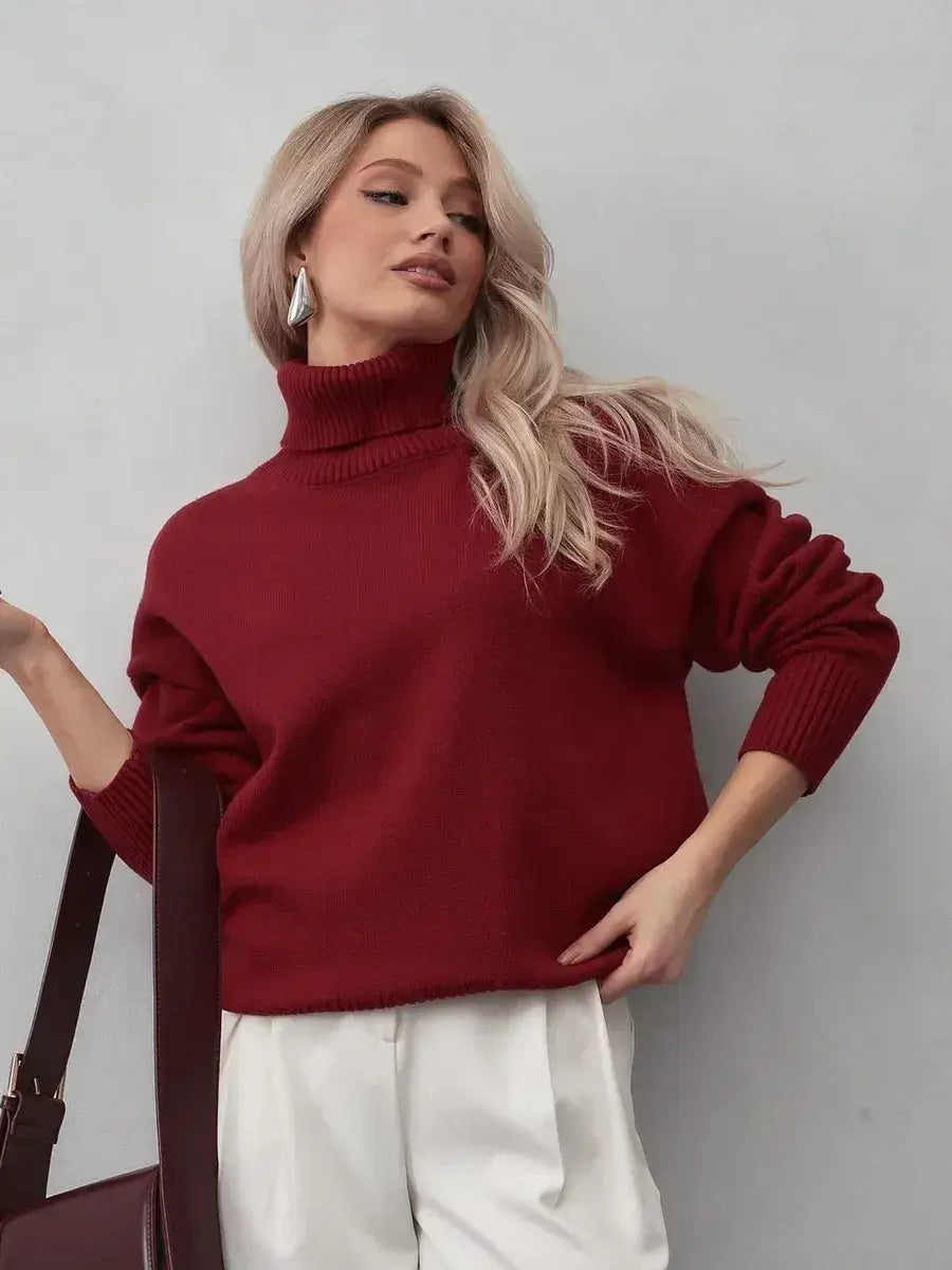 Arden Sweater by Lauven in burgundy, featuring a stylish turtleneck and cozy knitwear for modern elegance.