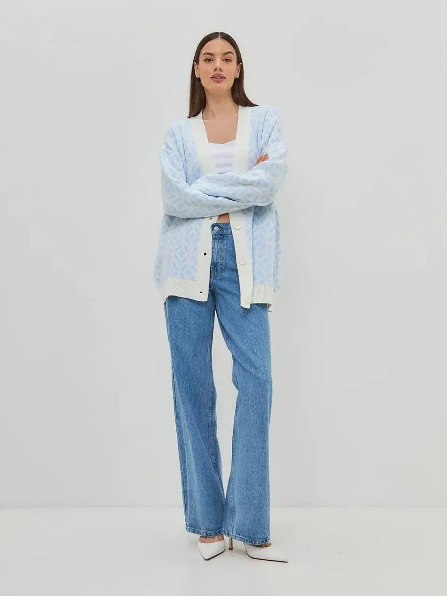 Arika Cardigan by Lauven, lightweight longline acrylic knitwear in milk blue, perfect for stylish layering.