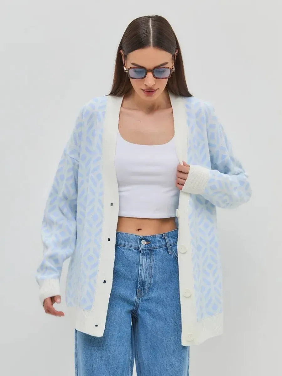 Arika Cardigan by Lauven, lightweight acrylic knitwear in milk blue, featuring a stylish longline silhouette.