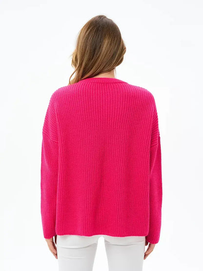 Aster Sweater by Lauven, oversized knit in vibrant fuchsia for cozy comfort and effortless wearability.