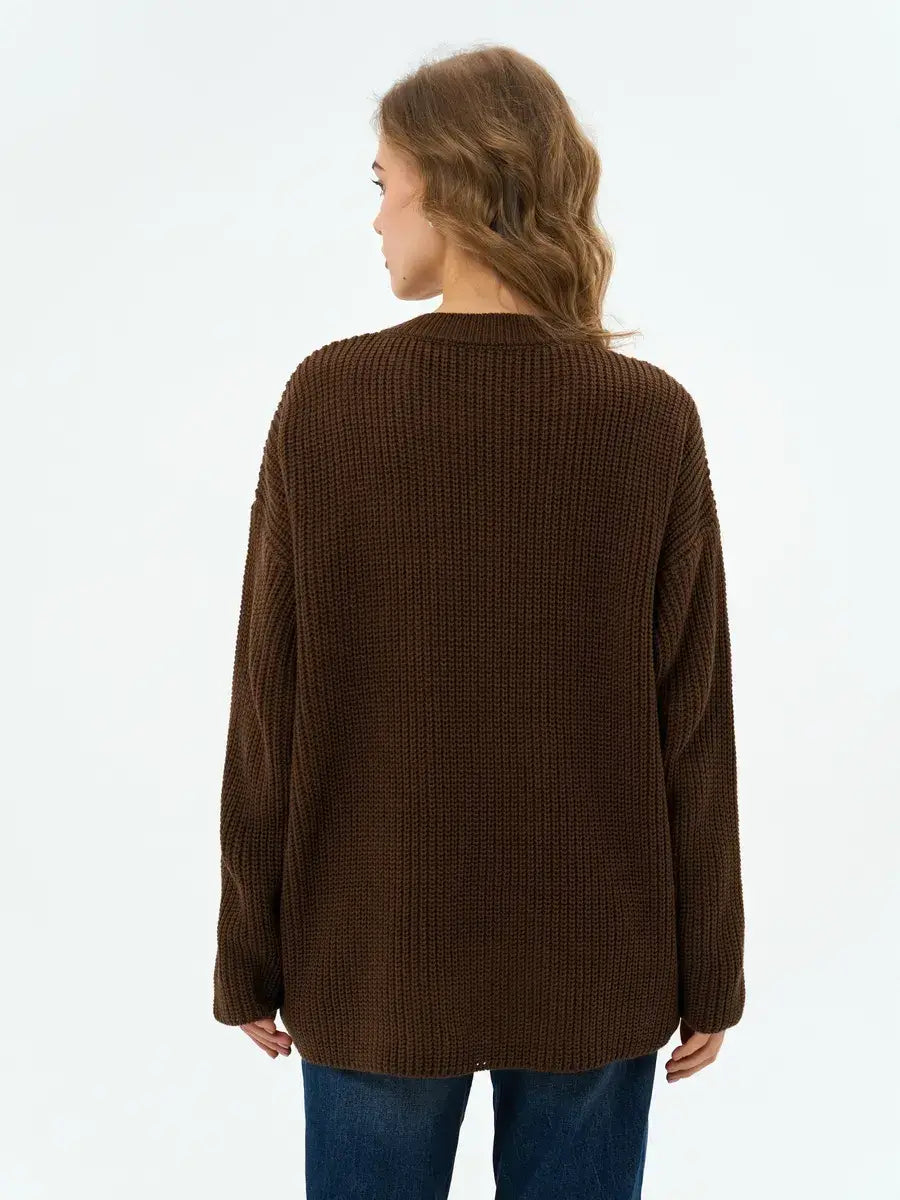 Atlas Sweater by Lauven — Back view of oversized brown knit sweater, showcasing textured design and relaxed fit.