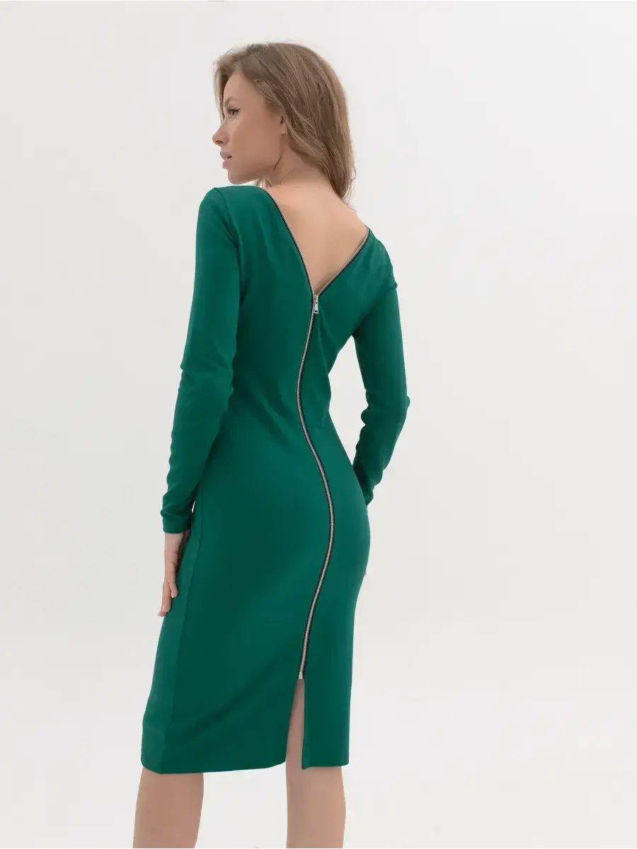 Aurora Midi Dress by Lauven in emerald green with a sleek back zipper and long sleeves, showcasing elegant bodycon style.