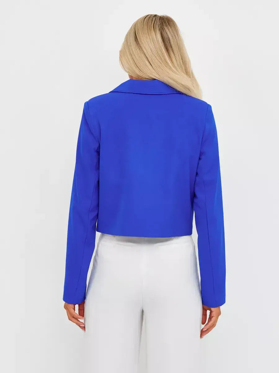 Back view of the Azure Blazer by Lauven, showcasing its cropped design and vibrant electric blue color.