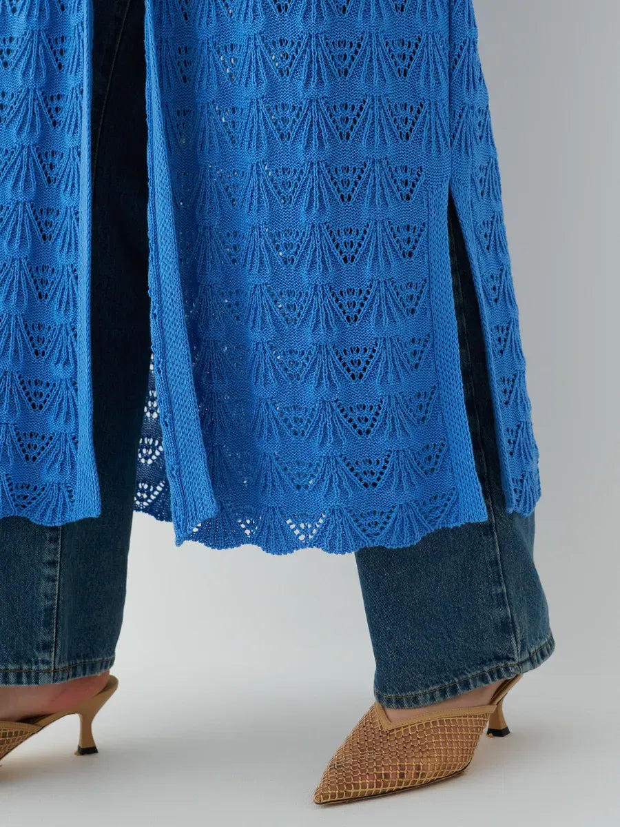 Azure Cardigan by Lauven featuring intricate lace patterns and a stylish blue design, perfect for summer wear.