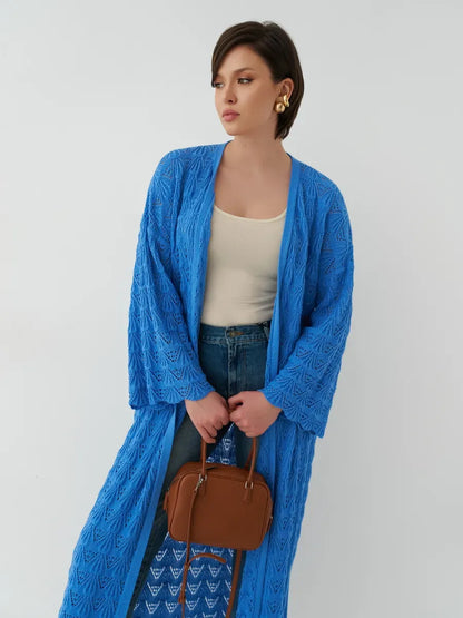 Azure Cardigan by Lauven, lightweight openwork summer cardigan in rich dark blue, styled with a casual outfit.