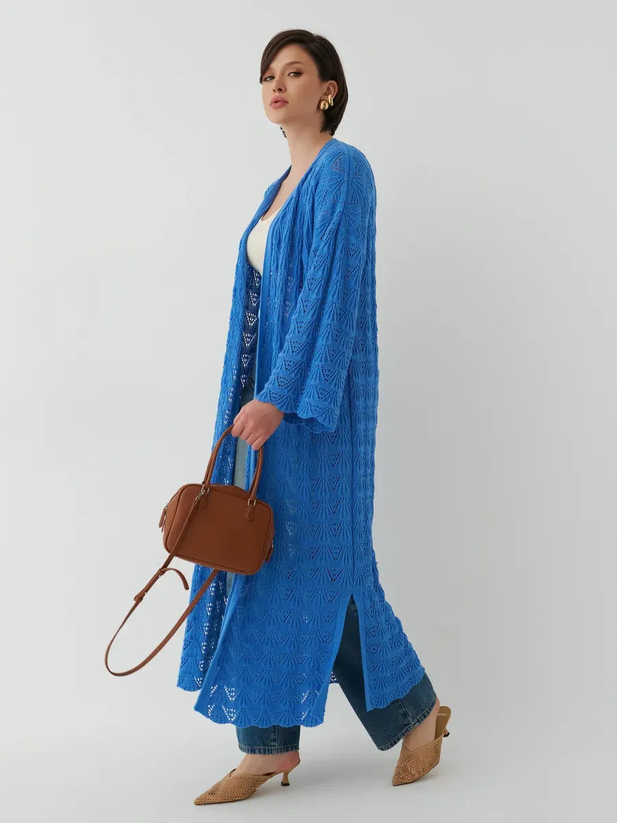 Azure Cardigan by Lauven – Lightweight openwork knit summer cardigan in bright blue.