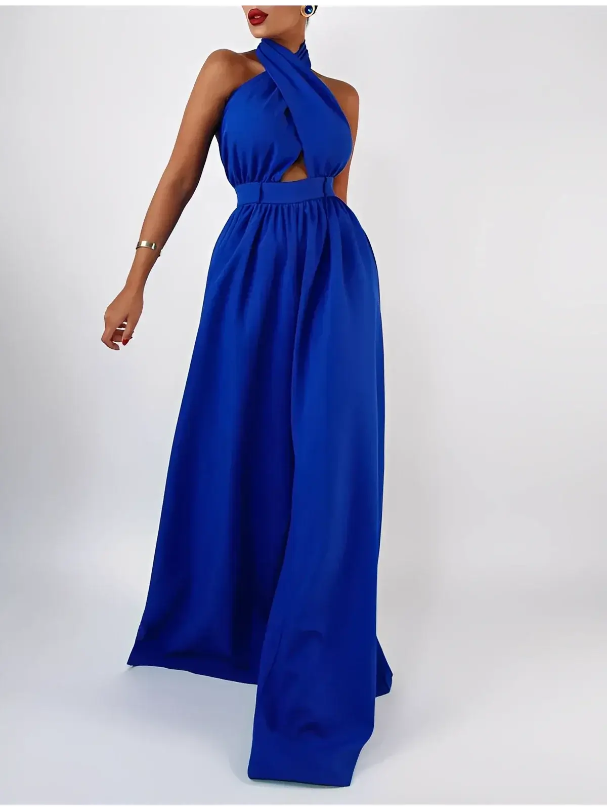 Azure Halter Jumpsuit by Lauven – Stunning blue wide leg silhouette with open back design.