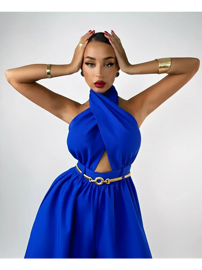Azure Halter Jumpsuit by Lauven featuring a striking blue color and elegant open-back design.