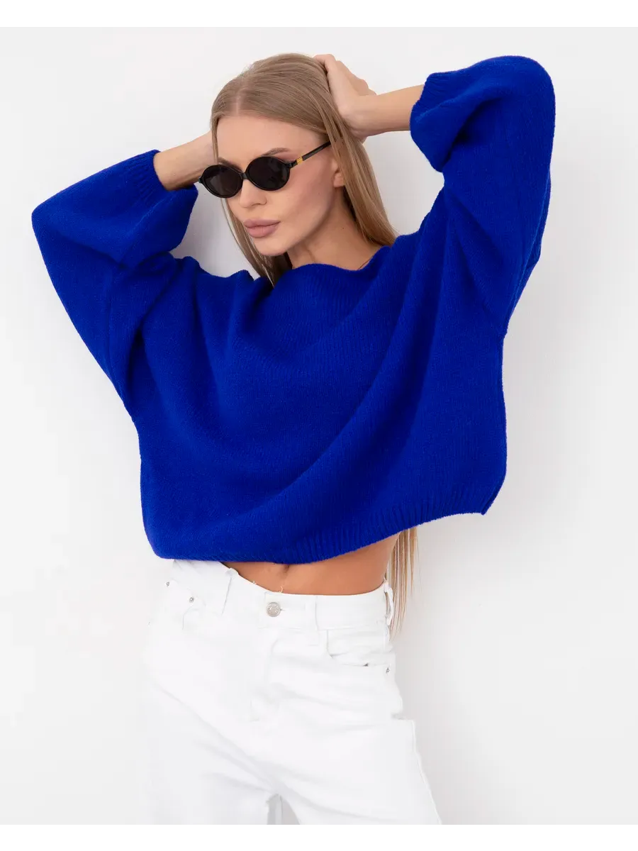 Azure Sweater by Lauven, oversized women's knit sweater in vibrant blue with boat neck, perfect for fall and winter.