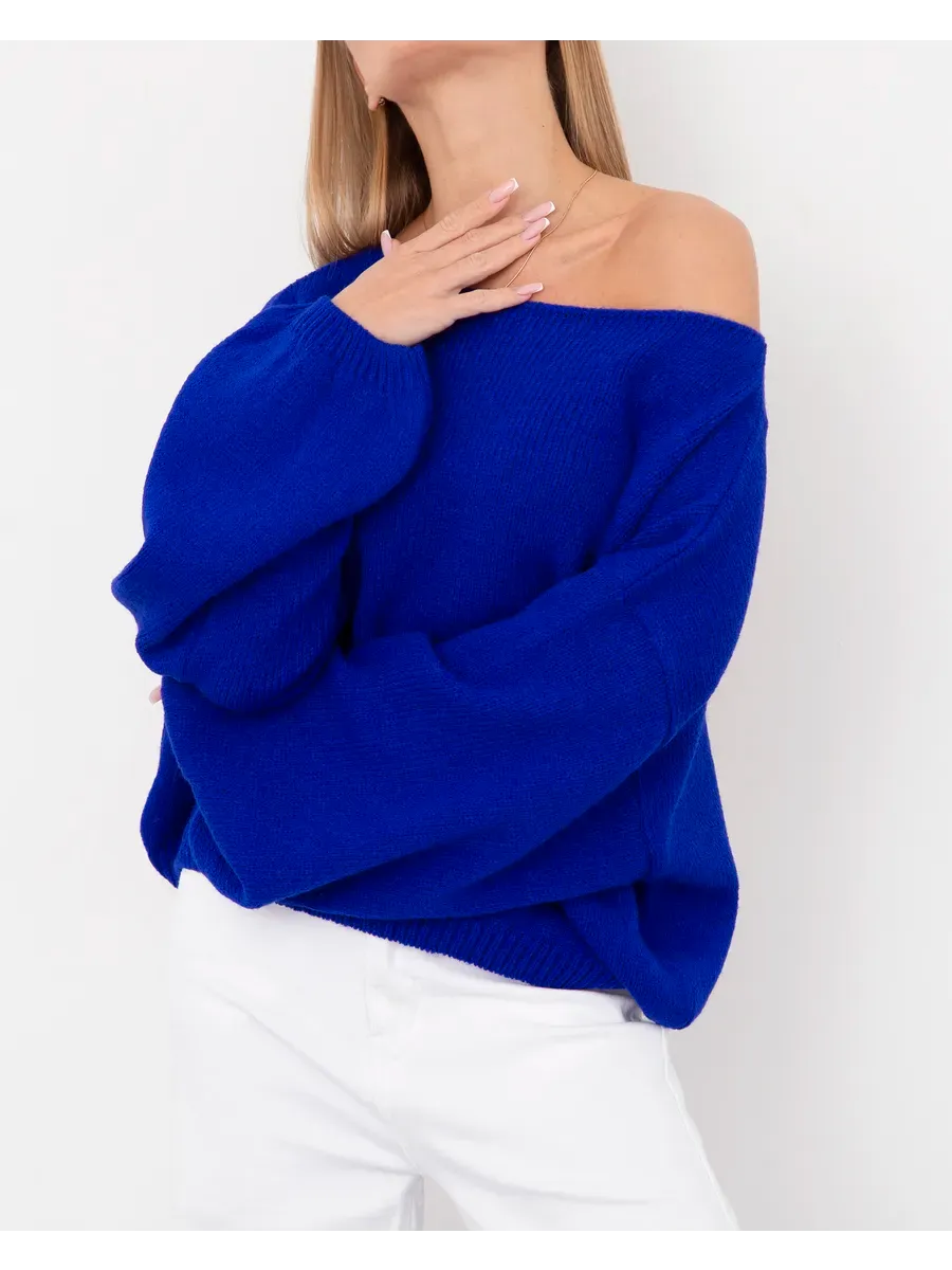 Azure Sweater by Lauven - Oversized women’s knit sweater in vibrant blue with boat neck design.