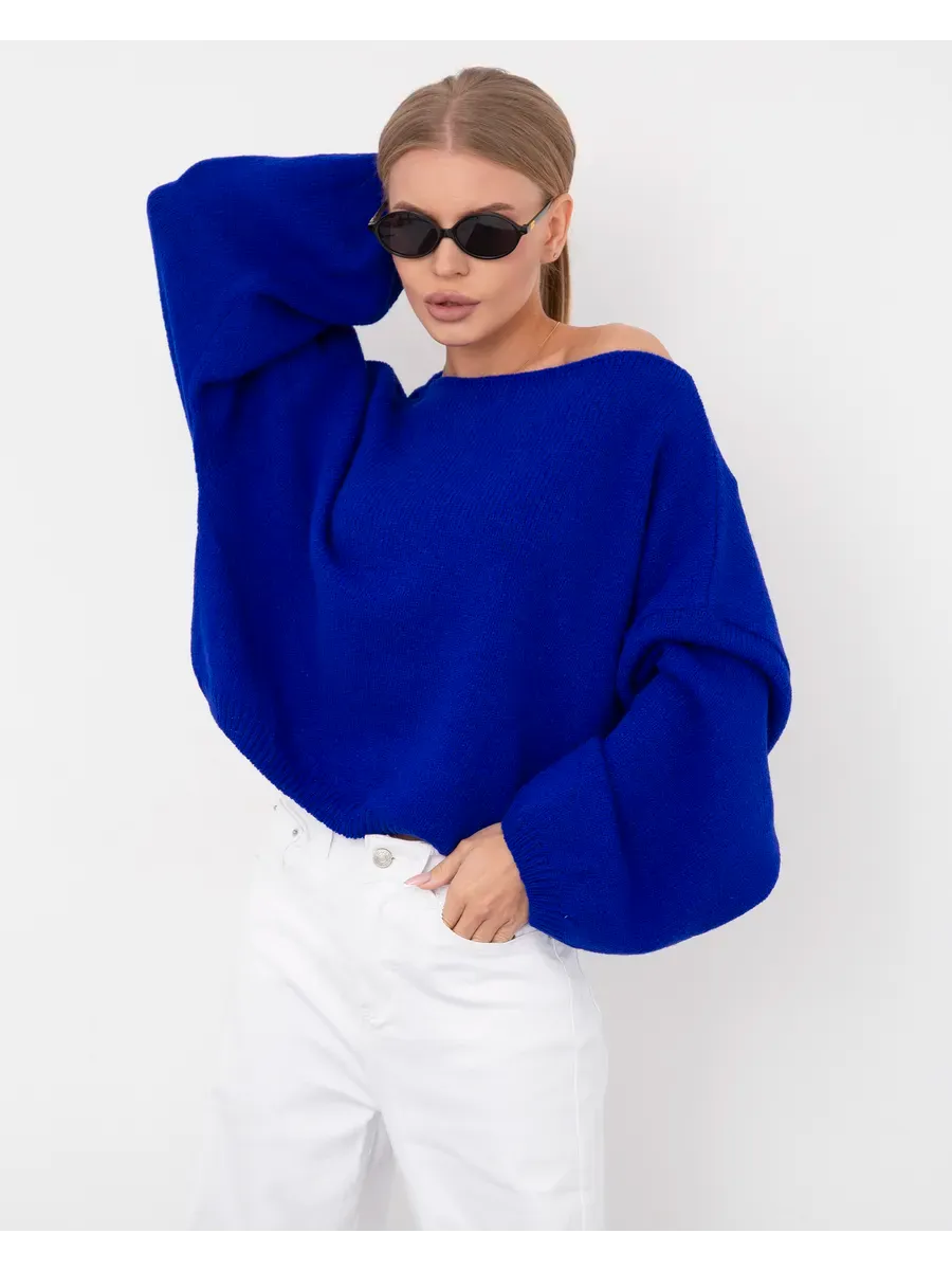 Azure Sweater by Lauven - Oversized women's knit sweater in vibrant blue with boat neck and stylish design.