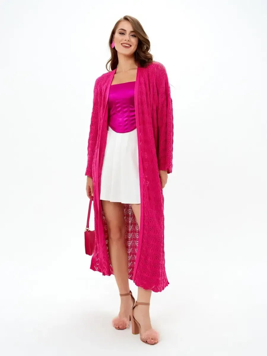 Berry Cardigan by Lauven – Lightweight openwork knit summer cardigan in vibrant raspberry color.