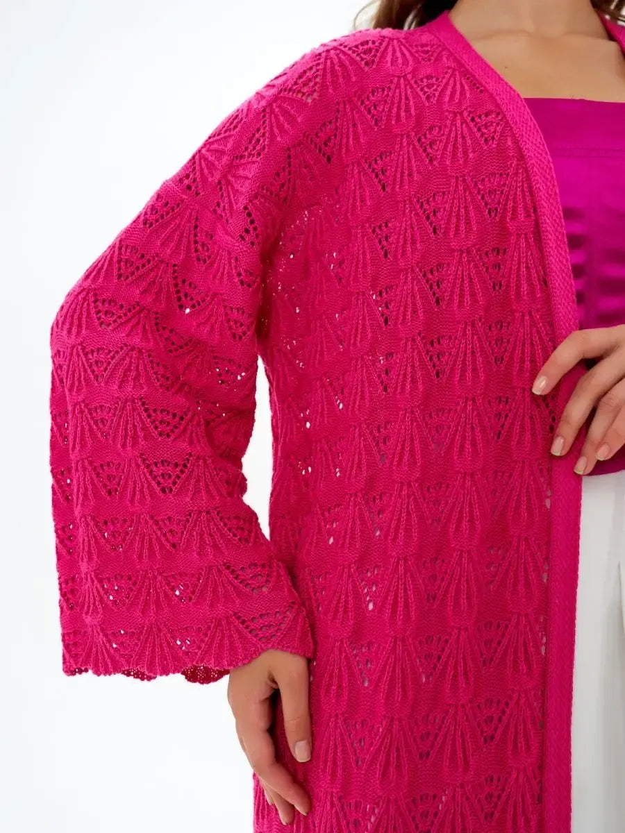 Berry Cardigan by Lauven featuring a vibrant raspberry openwork knit design, perfect for summer layering.