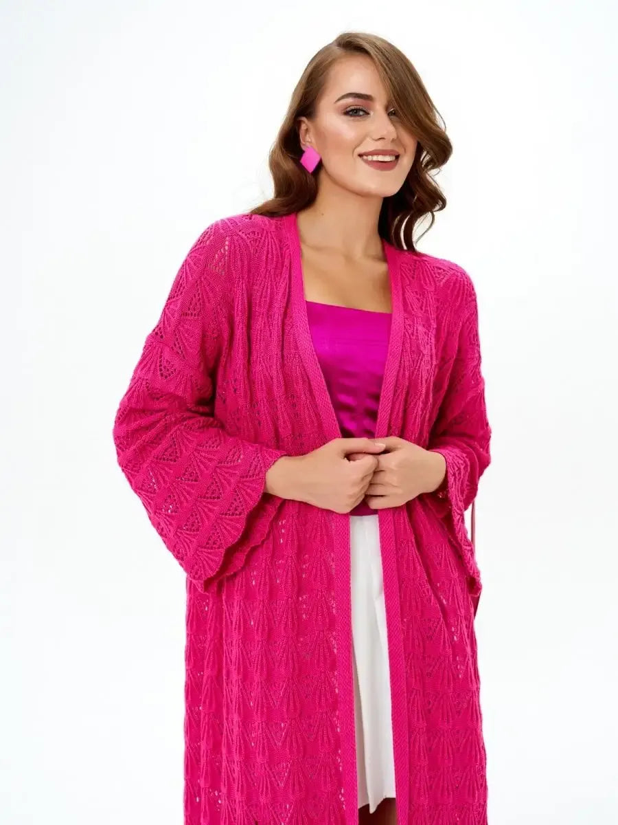 Berry Cardigan by Lauven: lightweight openwork knit summer cardigan in vibrant raspberry color.