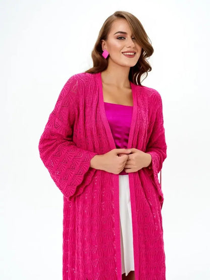 Berry Cardigan by Lauven: lightweight openwork knit summer cardigan in vibrant raspberry color.