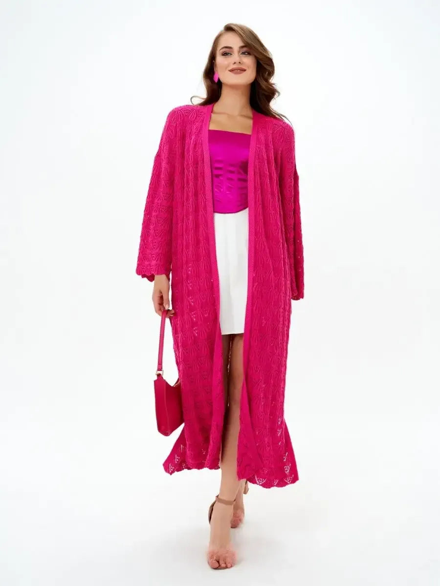 Berry Cardigan by Lauven in vibrant raspberry color, lightweight openwork knit perfect for summer layering.