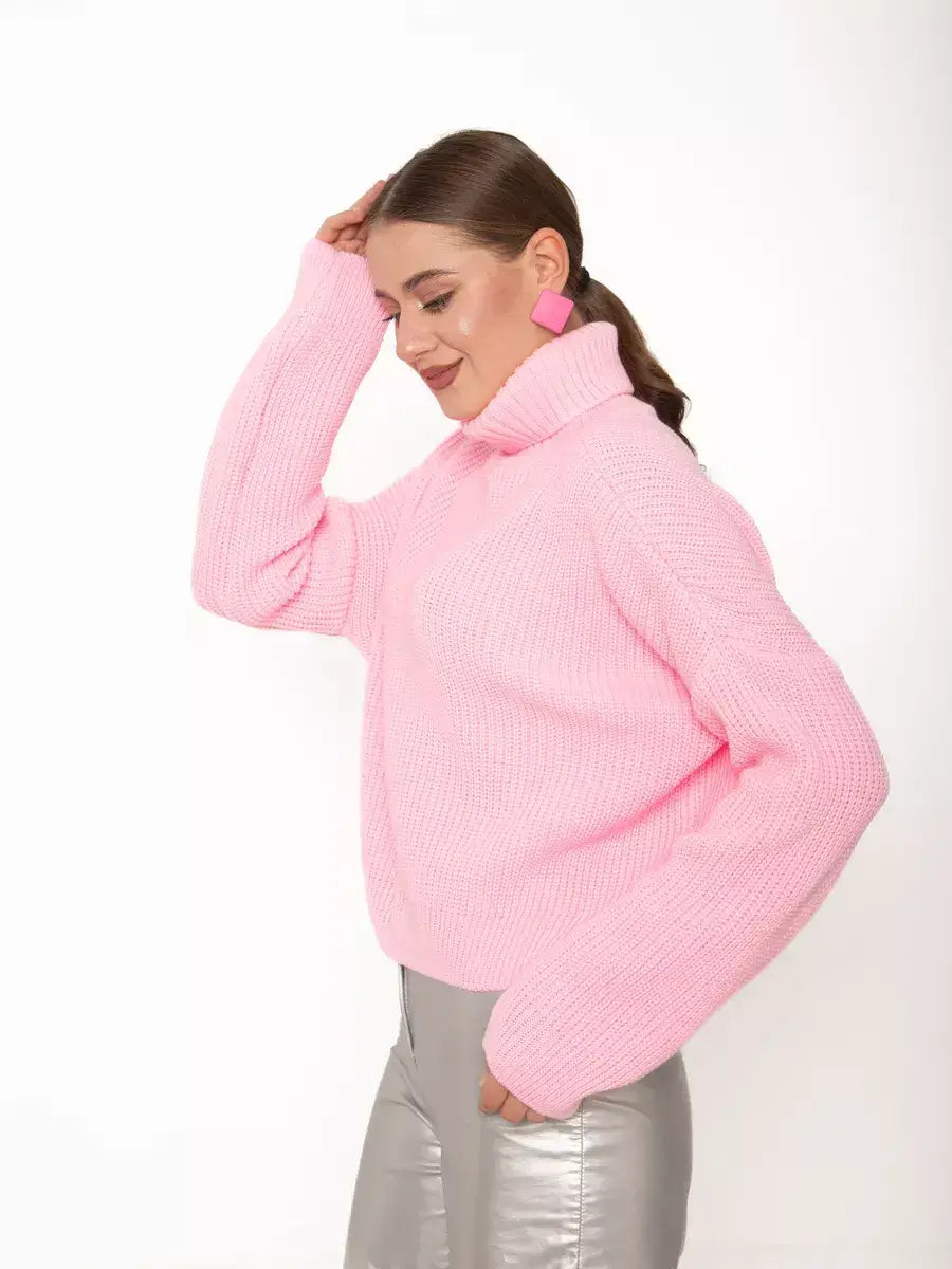 Blossom Pullover by Lauven, oversized light pink knit sweater featuring a high neck and chunky knit texture.
