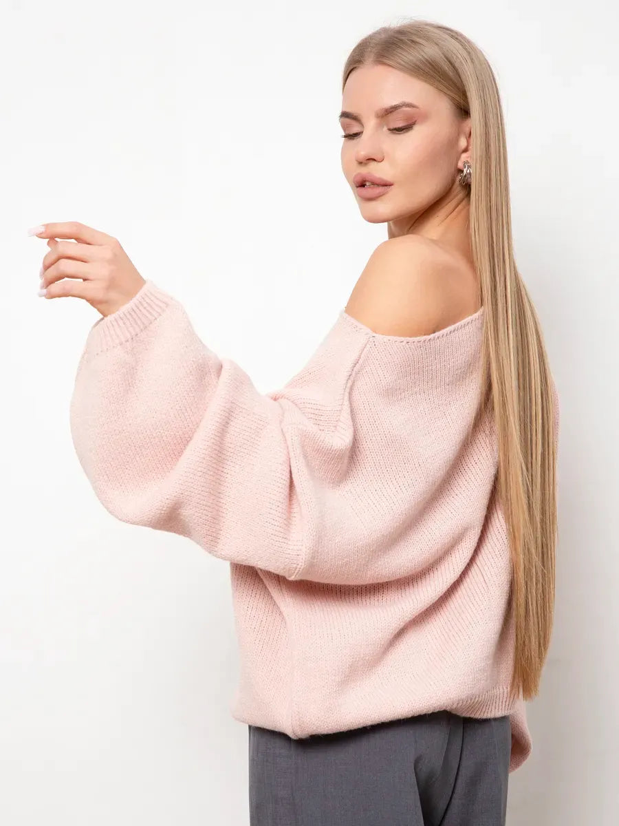 Blush Sweater by Lauven, oversized women’s knit sweater with boat neck in soft blush pink color.